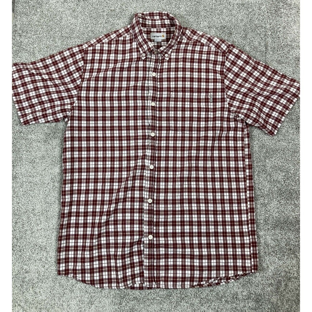 Carhartt Mens Shirt Large Short Sleeve Red Button Up Workwear
